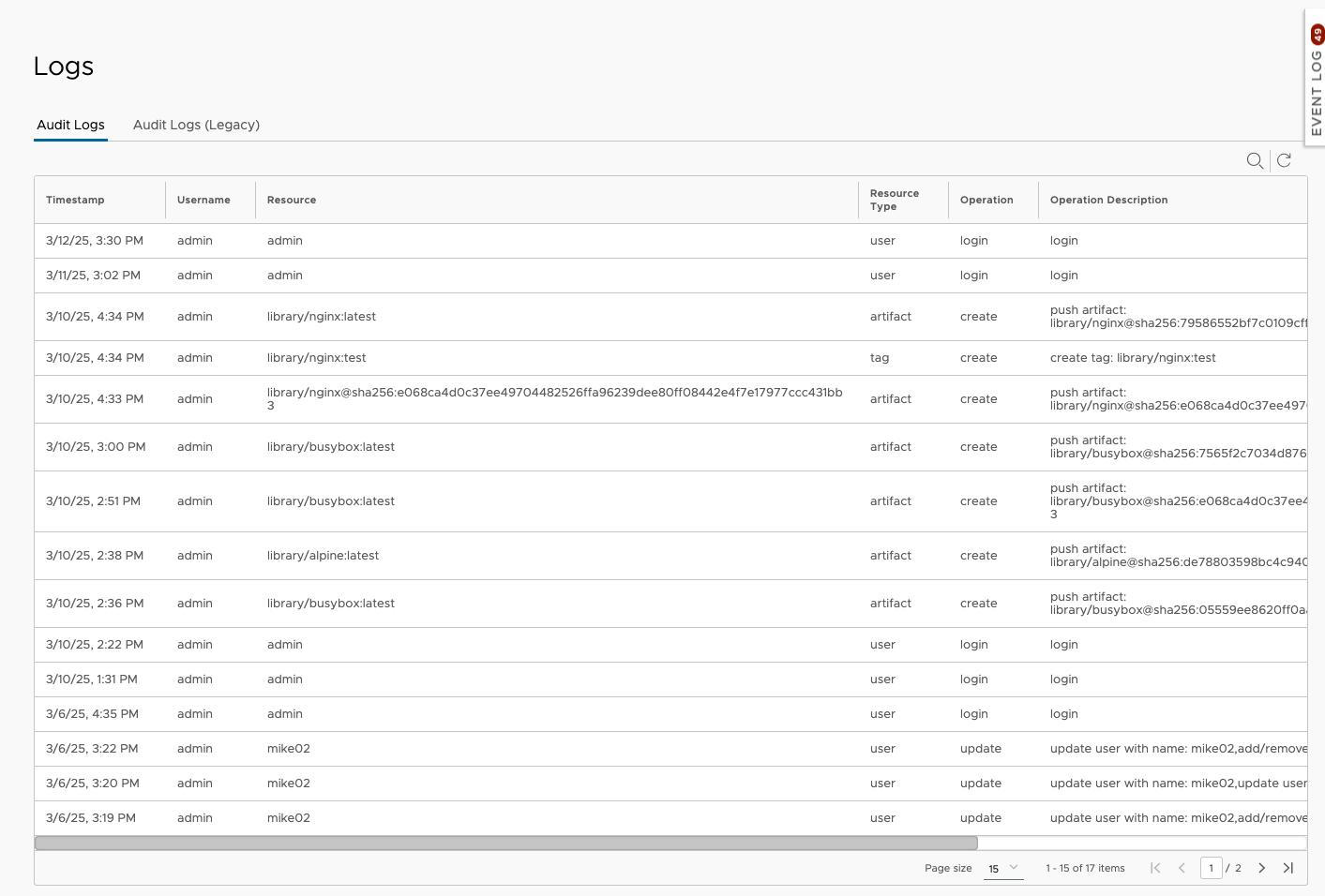 Audit logs table